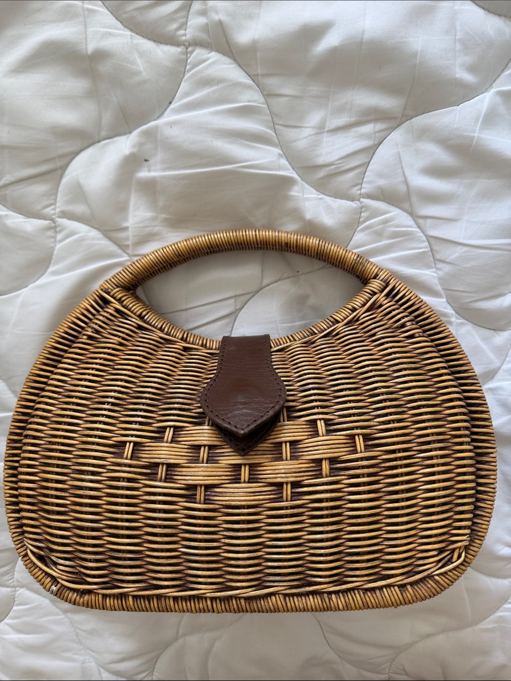 Rattan Woven Round Tote Bag in Brown with Dark Brown Accent